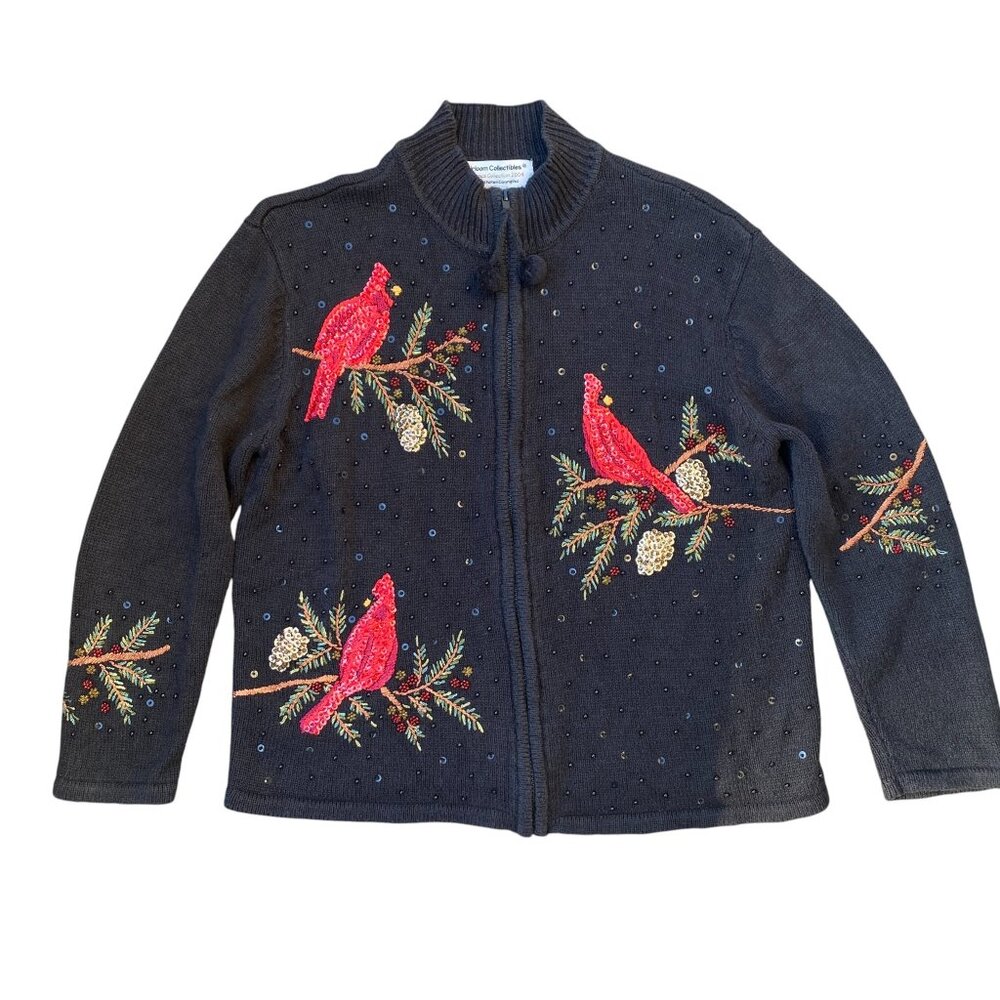 Vintage Heirloom Collectibles Beaded Sequin Cardinal Cardigan Sz L Holiday